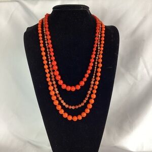 Vintage 3 Strand Glass Bead Burnt Orange Necklace, Copper Chain